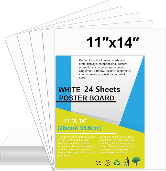 24 Pcs White Poster Board Paper 11x 14 Bulk, ROOKEA Vision Boards Blank Poster Paper for School Arts and Crafts, Classroom Projects, Presentations, Drawing, Scrapbooking, Graphic Displays