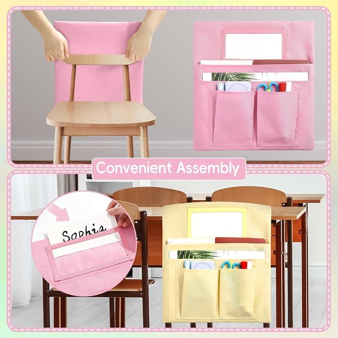 gisgfim 24 Pcs Small Chair Pockets for Classroom 13 x 14 Inch Bag with Name Tag Multi Pockets Chairsback Pouch Organizer for Student Kindergarten Elementary Daycare (Pastel)