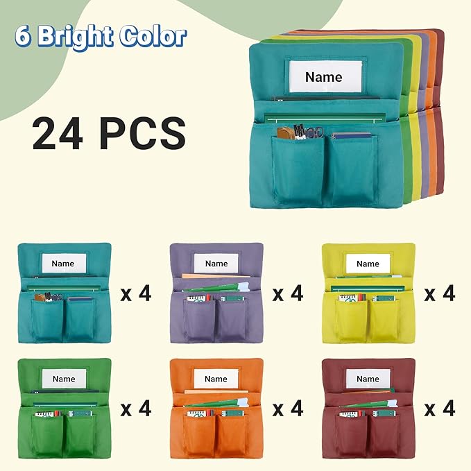 Chair Pockets for Classrooms 24 Pack,17 x 20 inch Multicolor Chair Back Buddy Pockets with 4 Pockets & Name Slot & Tags, Back of Chair Organizer for Classroom Chairs Seat Storage