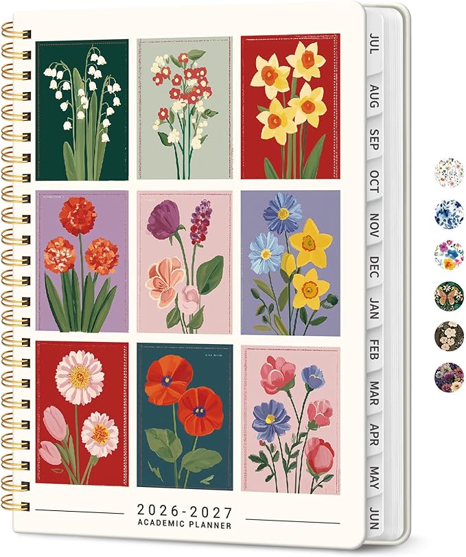 Planner 2026-2027, Academic Year Monthly and Weekly Calendar Planner, Jul 2026 - Jun 2027, Hardcover Teacher Student Planning Agenda book with Tabs, Perfect for School Office Supplies, 6.3" x 8.5" - Floral Gallery
