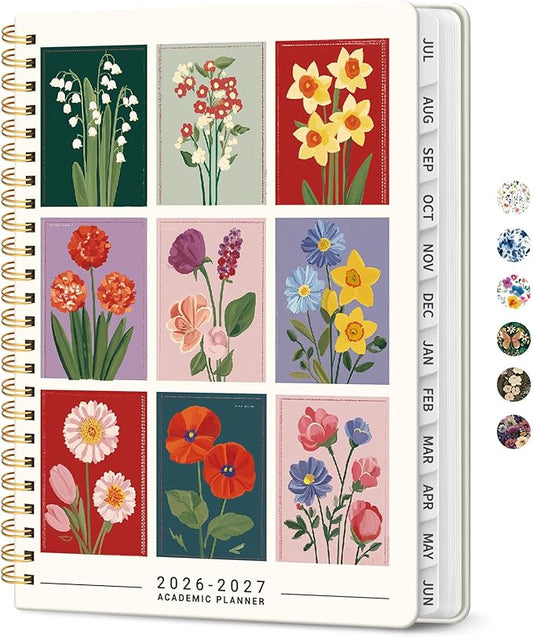 Planner 2026-2027, Academic Year Monthly and Weekly Calendar Planner, Jul 2026 - Jun 2027, Hardcover Teacher Student Planning Agenda book with Tabs, Perfect for School Office Supplies, 6.3" x 8.5" - Floral Gallery