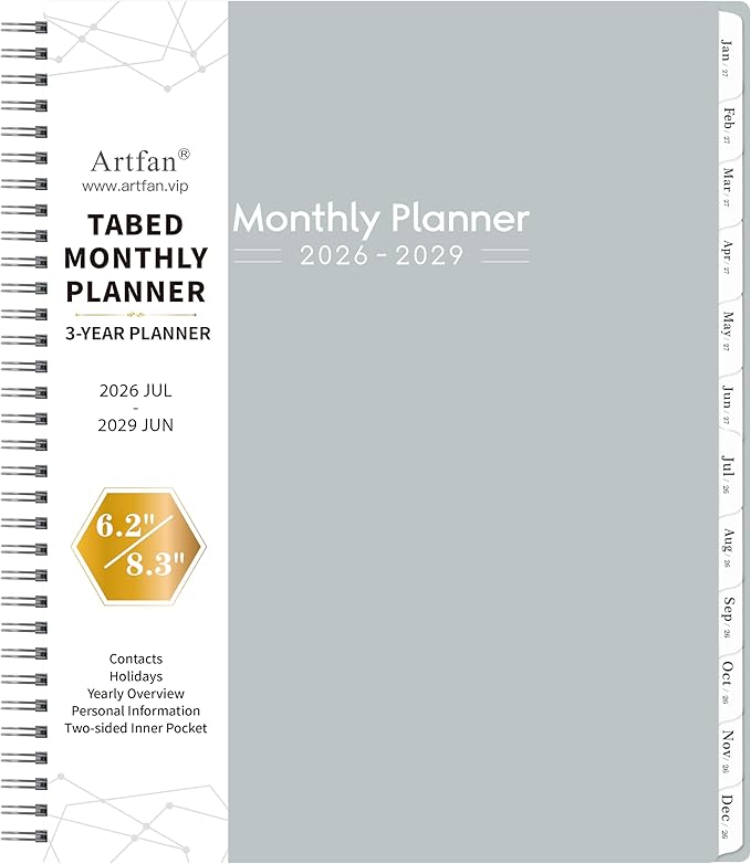 2026-2029 Monthly Planner/Calendar - 3 Year Planner 2026-2029, July 2026 - June 2029(36 Months), 9" x 11", 3 Year Calendar 2026-2027 Monthly Planner with Tabs & Pockets, Great for Long-Term Planning - Grey