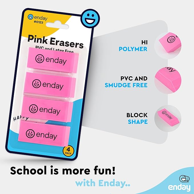 Erasers Pencil Block, Hi Polymer Large Pink Soft Eraser, Rubber and Non – Abrasive Eraser, Erasers School Supplies for Kids and Artists, Best Eraser for Drawing (4 PC) – By Enday