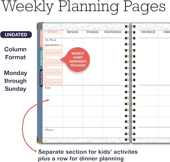 Undated Family Planner Organizer – 8.5" x 11" Weekly & Monthly Calendar for 5+ People, Meal Planning, Budgeting, Habit Tracker – Hardcover, Household Schedule Organizer for Parents, Kids, & Caregivers (Colorful Botanicals)