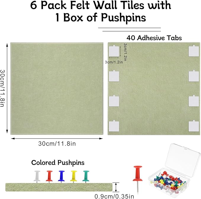 Thboxes Large Cork Board 36" x 24", 6 Pack Felt Wall Tiles with Colored Pushpins, Bulletin Board with 40 Safe Removable Adhesive Tabs, Pin Board Cork Boards for Walls Home Office Decor - Sage