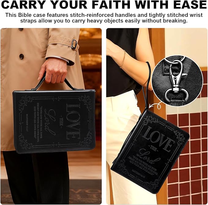 IVGHV Leather Bible Cover for Men, Premium PU Leather Bible Cover Case for Women Large, Church Bag, Carrying Book Case, Bible Book Cover with Handle&Zippered Pocket, Bible Bag for Men & Women (Black)