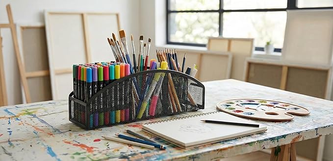 5-Tier Desk Organizer & Pen Holder, Large-Capacity Metal Mesh Pencil Cup, Cute Aesthetic Desktop Caddy for Markers, Art Supplies, Makeup Brushes, Black