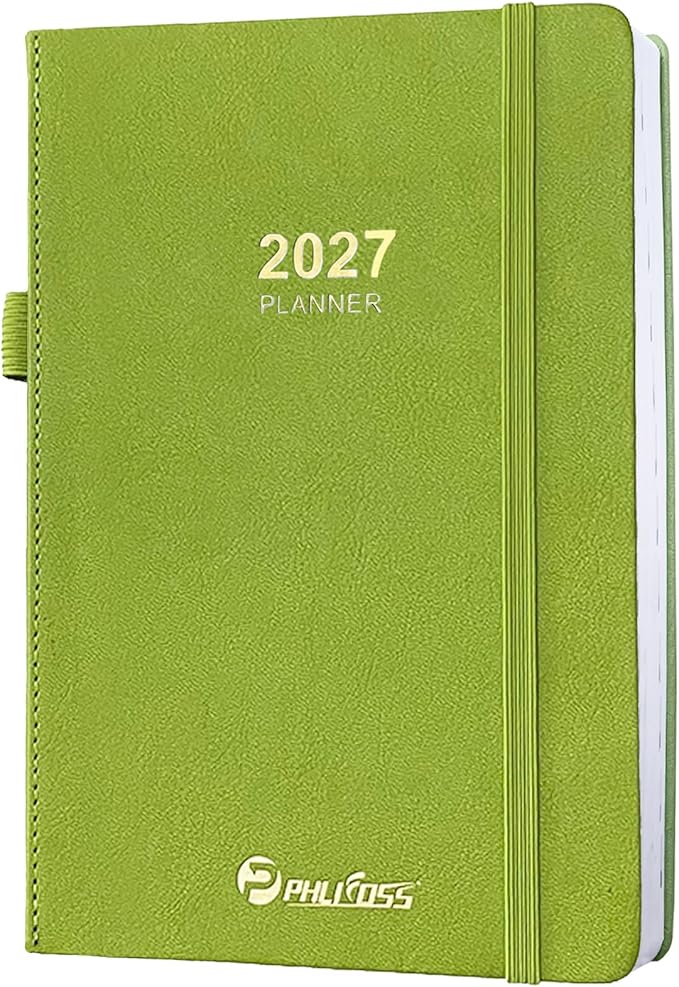 2027 Daily Planner/Calendar, One Page Per Day, Daily Monthly Agenda Planner with Time Slots and Monthly Tabs, Jan - Dec 2027, 5.7" x 8.25" Appointment Book, Pen Holder, Leather Cover (Chartreuse)