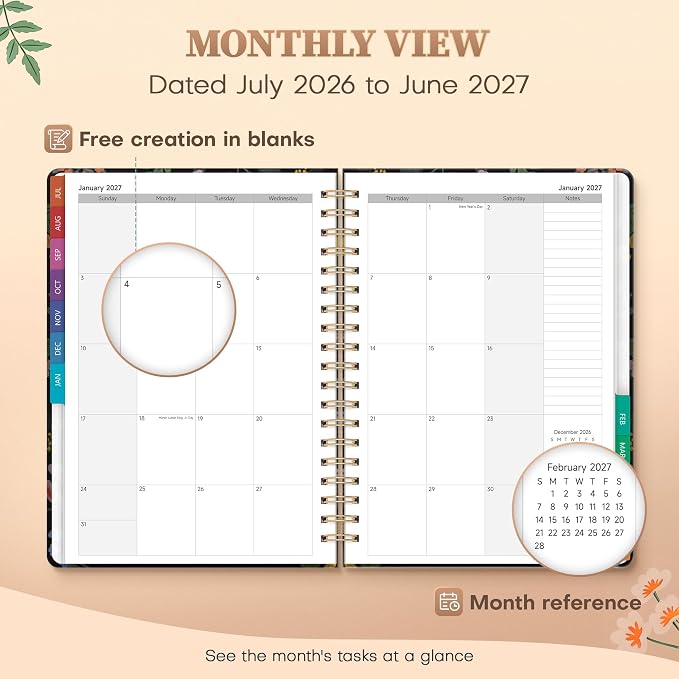 Planner 2026-2027 Monthly and Weekly Academic Planner July 2026 - June 2027, Hardcover Calendar 2026-2027 Agenda Daily Planner for Student Teacher School Office Supplies, 7.4" x 10.2", Vintage Floral