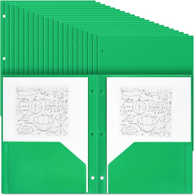 Yeaqee 100 Pcs Plastic Folders with Pockets Bulk 3 Hole Punched 2 Pocket File Folders for 3 Ring Binder Divider Folder for Notebooks, Durable Poly for Office Home (Green)
