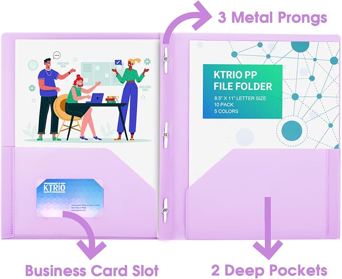 KTRIO 10 Pack Plastic Pocket Folders, 3 Prong, Letter Size, 5 Pastel Colors | 3 Prong Fasteners, 2 Pocket Storage, Business Card Slot, Water-Resistant PP, School Office Use