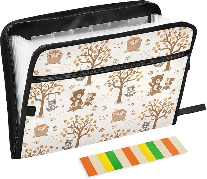 Cute Woodland Animals Beige File Folders,Plastic Folders with 13 Pockets,Expandable File Folder for Documents School Students Office,Aesthetic Folder with Labels A4 Letter Size