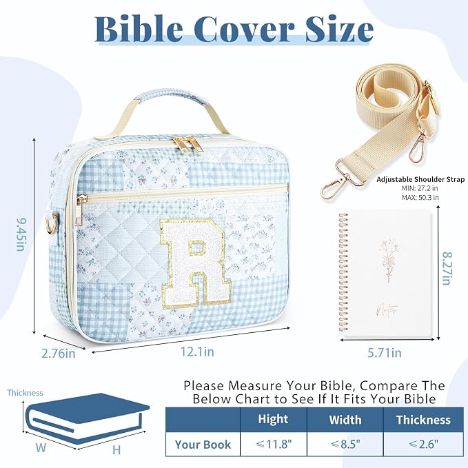 Personalized Initial Bible Cover Case for Women, Large Quilted Bible Bag with Durable Handle, Stylish Church Bag Journaling Kit with Study Supplies Accessories, Christians Gifts for Women (Spliced-R)