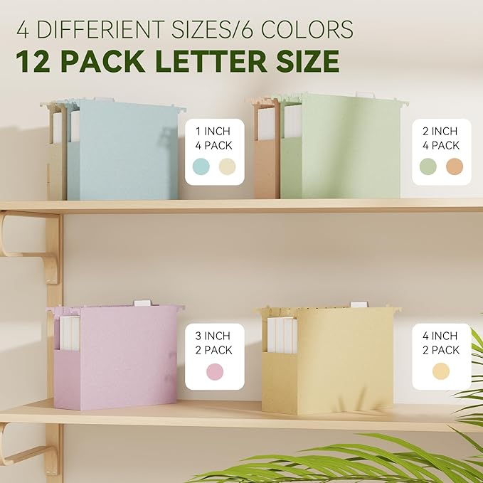 XINGIA Letter Size Hanging File Folders Extra Capacity,1'' & 2'' & 3'' & 4'' Expandable Hang Folder with Tabs,4 Sizes Expansion Set,12 Pack File Cabinet Folders for Office School,Pastel File Organizer
