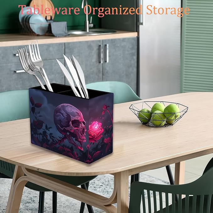 Pen Holder, Pencil Case, Makeup Brush Storage Box, Tableware Storage Box, Suitable for Office Or Home Item Organizing Stand - Rose Skull