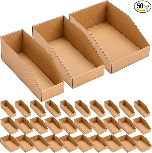 50 Pack Cardboard Storage Bins Assorted Sizes, Cardboard Boxes, 28 Pack 12x4x4.5, 14 Pcs 12x6x4.5, 8 Pcs 12x8x4.5 Corrugated Organizer Bins for Pantry, Shelves, Garage, Office, Shop