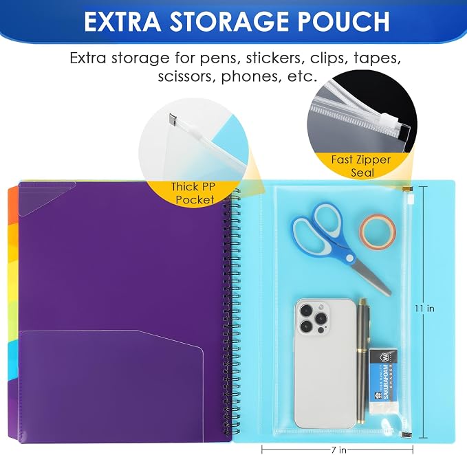 KTRIO 12 Pocket Project Organizer, Letter Size Spiral Binder,Blue | 12 Pocket Storage,Letter Size Fit,Water-Resistant Poly,Zip Pouch Included,Writable Color Tabs