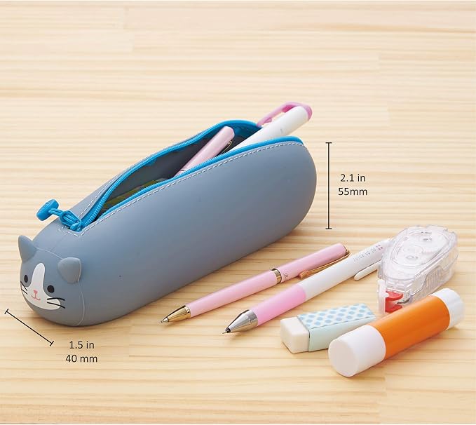 LIHIT LAB PuniLabo Zipper Pen Case/Pouch, Horizontal, 2.5" x 7.9", Gray Cat (A7781-4)