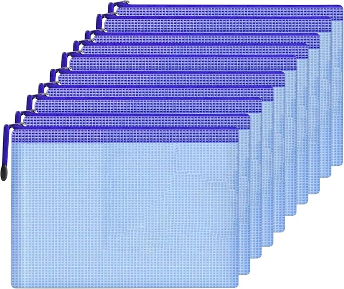 Mesh Document Bag Set of 10, Waterproof Zipper Pouch / A4 Size Zip File, for Household Daily Storage School Office M-D-2B (Blue, A4 (13.5×9.5 Inch))