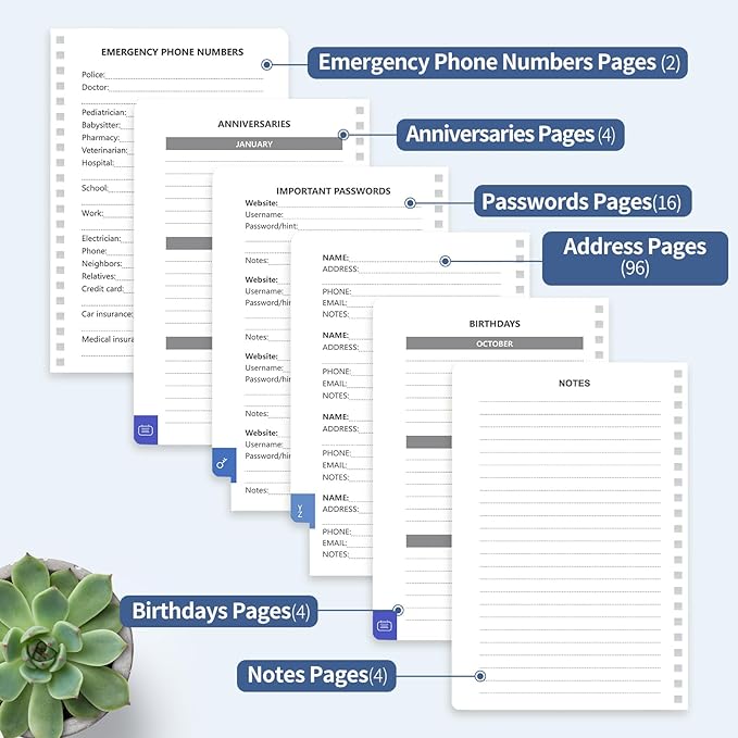 Address Book with Alphabetical Tabs-Address and Password Book for Seniors - Hardcover Spiral Bound Phone Book- Record Contacts, Website Login Passwords, Special Days -5.7" x 7.7", Navy Blue