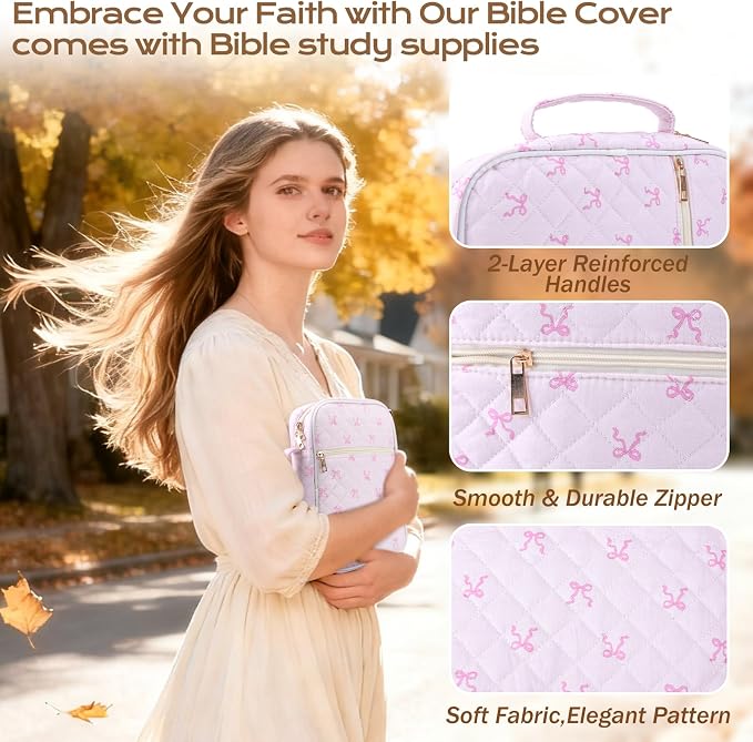 XKDOUS Bible Cases with Study Supplies Durable Carrying Book Case Quilted Bible Cover Large Bible Bag with Handle & Zippered Pocket Portable Church Book Holder for Women