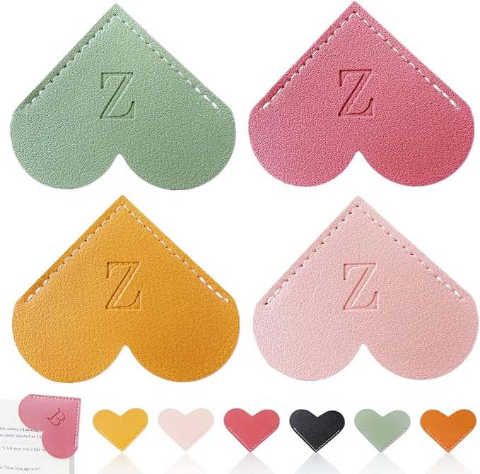 Personalized Leather Heart Bookmark, 26 Letters Customized Corner Book Mark for Reading Women, Book Marker with Initials，Cute Gifts (Light Pink+Deep Pink+Green+Light Brown, Z)
