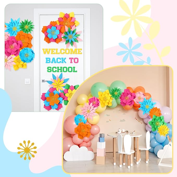 MotiMind 12 Pcs Paper Flowers Decorations for Wall DIY Paper Flowers Bulletin Board 3D Handcrafted Backdrop Decoration for Classroom Back to School Party(Rainbow Color)