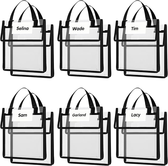 Teling 6 Pack Thick Clear Book Pouches with Blank Name Tags and Handles Book Baggies Bags Bins Organizer for School Classroom Library Pockets Students (10 x 12 Inch,Black)