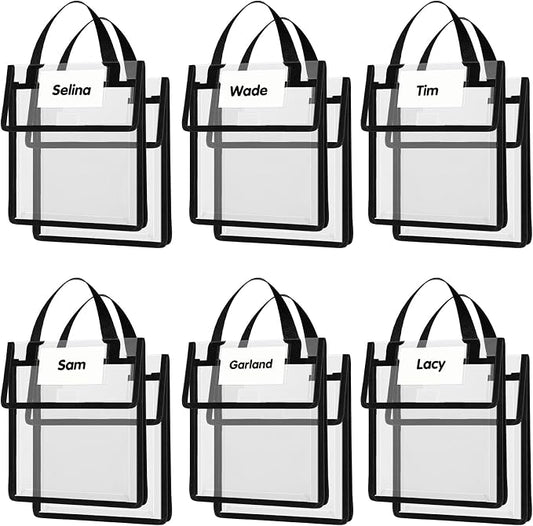 Teling 6 Pack 10 x 12 Inch Clear Book Pouches with Handles and Name Tags, Heavy Duty Reusable Library Book Bags for Classroom, Students Kids and Teacher Supplies (Black)