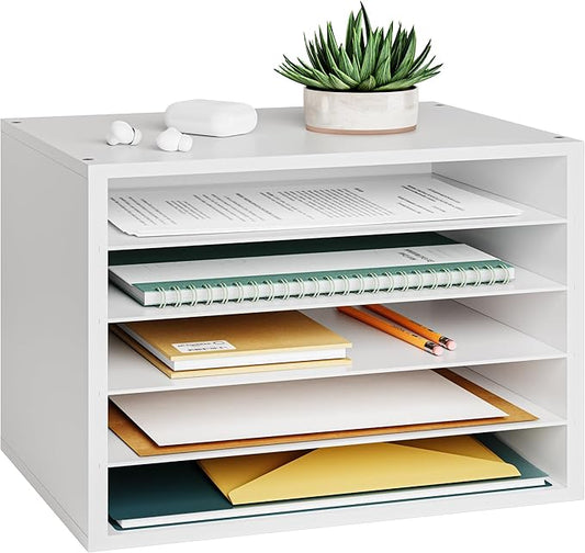 Ballucci 5 Tier Paper Organizer Letter Tray, Wood Desk File Organizer with Adjustable Shelves, Home Office School Letter/A4 Mail Sorter Magazine Holder - White