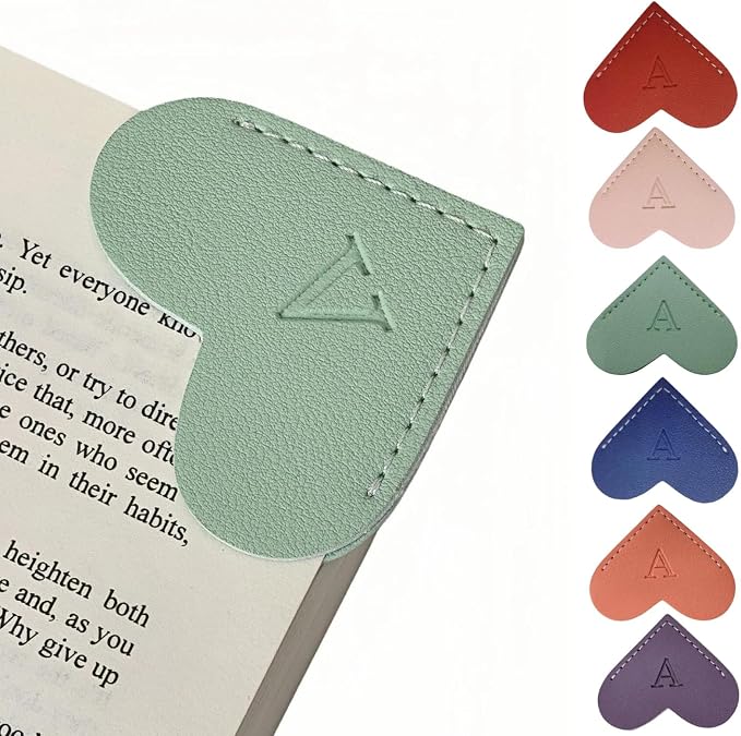 Personalized Leather Heart Bookmarks with Initials, 26 Letters Custom Corner Book Mark for Reading Women,Teacher, Student, Book Lovers Book Marker, Meaningful Gifts (Dark Blue+Light Green,V)