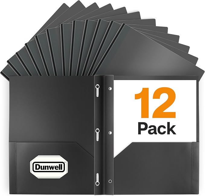 Dunwell Plastic Folders with 3 Prongs, (12 Pack, Black), 2-Pocket Folders with Fasteners, Durable Acid-Free Poly for Long Term Use, Includes Labels