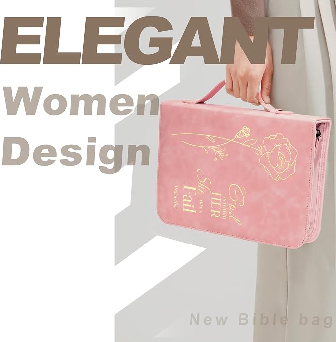 Bible Cover for Women, Bible Holder, Bible Cover Carrier Carrying Organizer Bag, God is Within Her She Will Not Fall, Zipper and Pockets for Standard Size Bible, Gift for Women(Pink-glod)