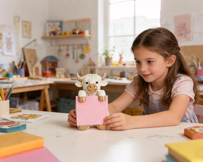 Highland Cow Pop-Up Sticky Note Dispenser with 100 Sheets 3 x 3 Inch Notes, Handmade Resin Highland Cow Desk Decor for Office, Home & Classroom, Gift for Teachers & Coworkers - Beige