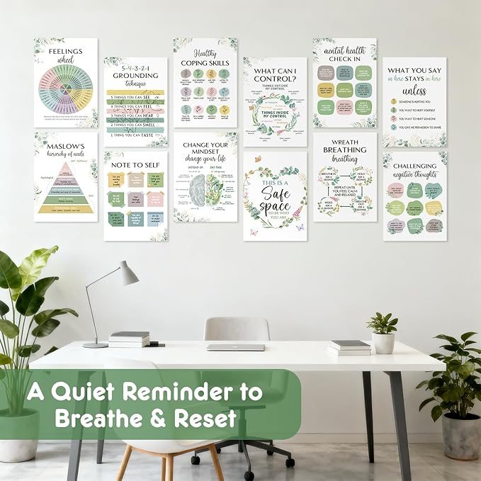 12 Pcs Mental Health Growth Mindset Change Posters Set (11x17") - Safe Space Feelings Wheel Coping Skill Poster for Therapy Counseling Office School Home Wall Decor Counselor Therapist Gifts