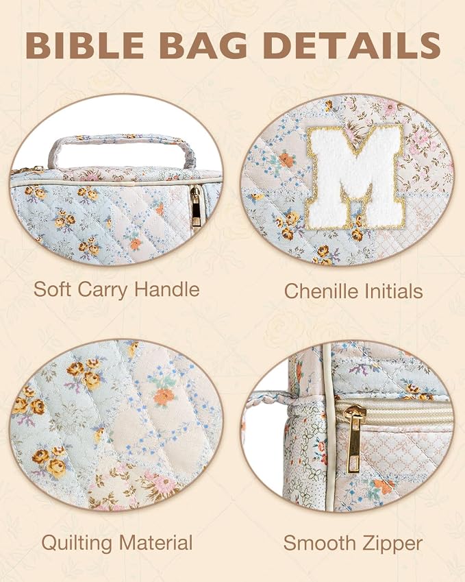 Nayno Initial Bible Cover Case for Women Girls Kid Large Bible Cover with Durable Handle Quilted Bible Carrying Case for Girls Bible Study Supplies Accessories (Spliced Flower P, one size)