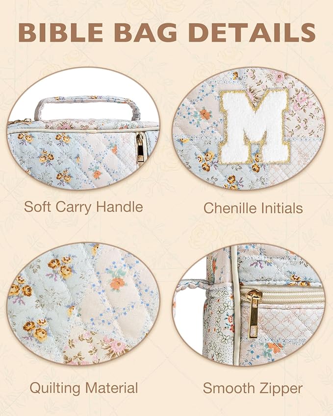 Initial Bible Cover Case for Women Girls Kid Large Bible Cover with Durable Handle Quilted Bible Carrying Case for Girls Bible Study Supplies Accessories (Spliced Flower P, one Size)