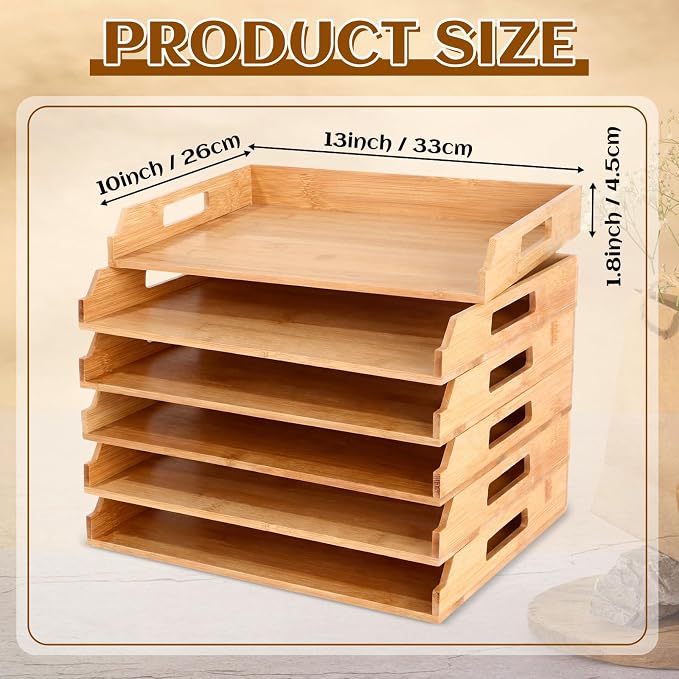 AceOrbit 6 Pcs Stackable Paper Tray Bamboo Wood Desk Organizer Letter Tray 6 Tier Wooden File Organizer Desk Shelf for Documents, Letter Sorter, Envelopes and Magazine Holder