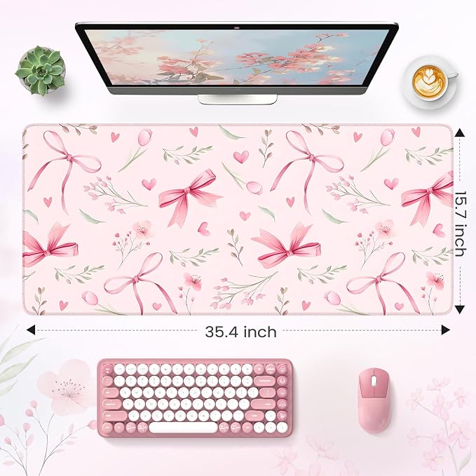 HAOCOO Pink Coquette Desk Mat, Cute Large Mouse Pad for Keyboard, Non-Slip Waterproof Desk Pad, Office Desktop Mat with Stitched Edges, Desk Decor for Women Office Aesthetics