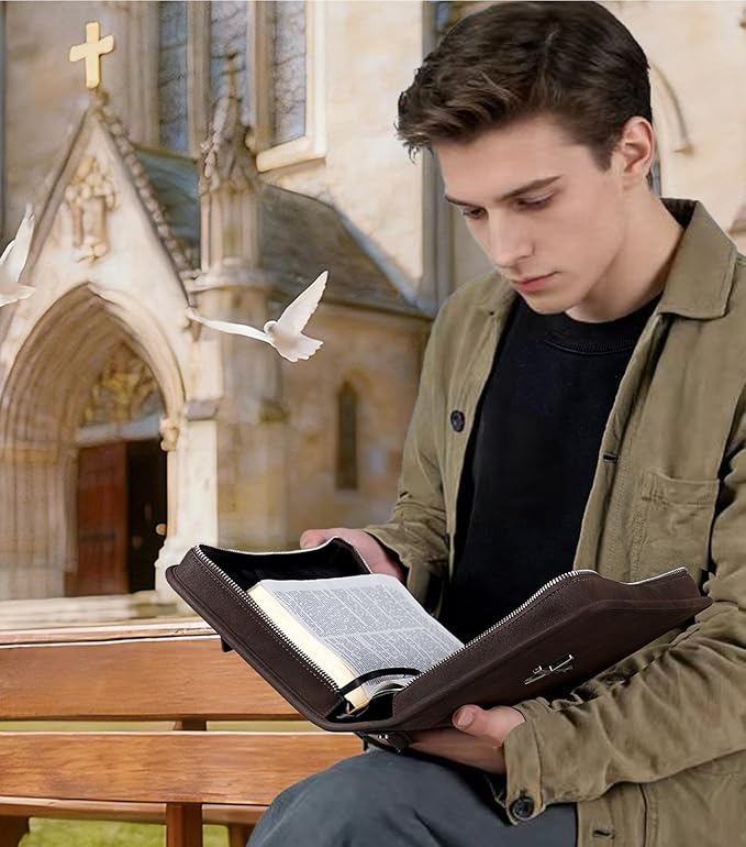 Vegan Leather Bible Cover Case, Bible Bag with Phone Pocket, Bible Case for Men Women, Christian Gift Box Packaging (Brown)