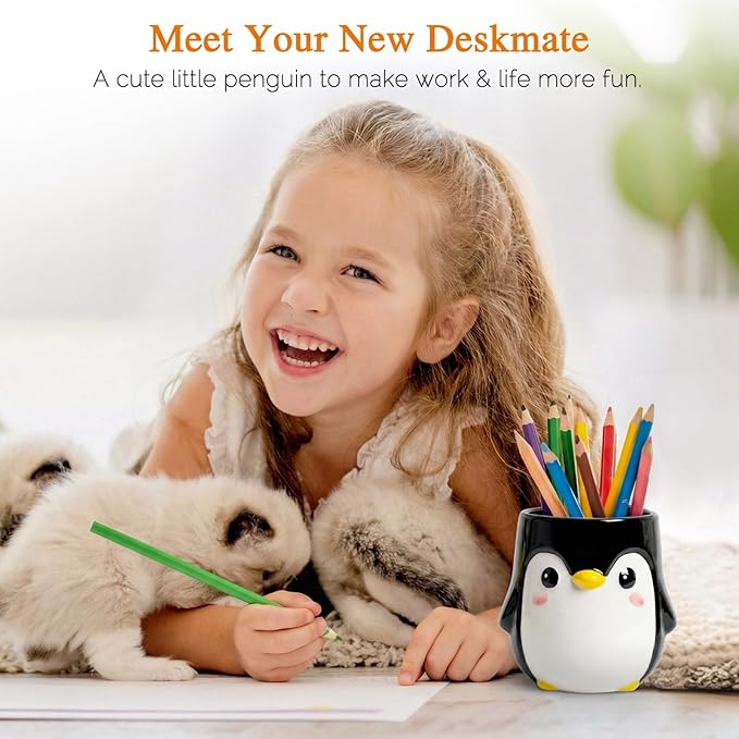 Penguin Pen Holder, Cute Pencil Cup, Ceramic Office Decor，Multifunctional Toothbrush Holder & Makeup Brush Storage, Gift for Couples Coworkers，Male Penguin