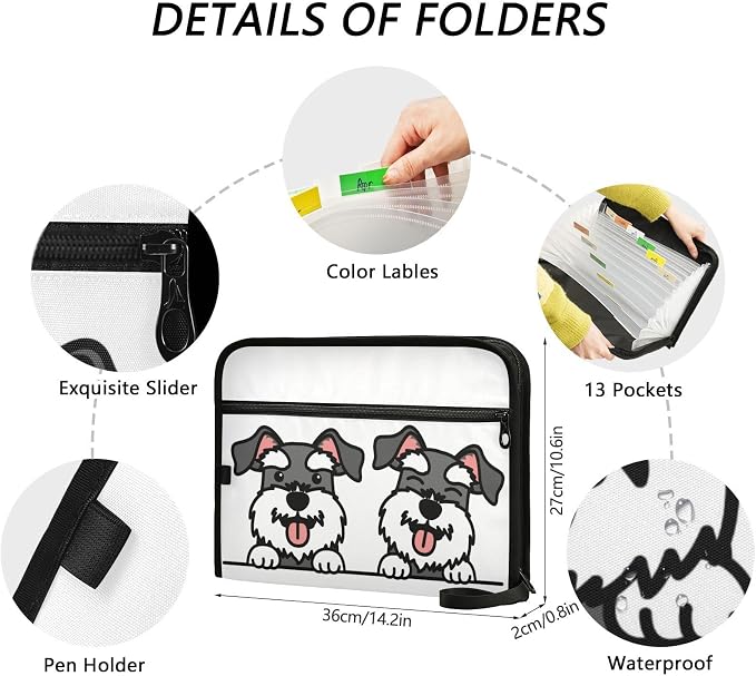 Cute Schnauzer Dog 13 Pockets Expanding File Folder with Sticky Labels Accordion File Folder Document Organizer Letter Size A4 Papers Expandable File Keeper