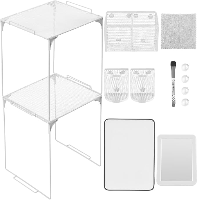 Ctosree 13 Pcs Locker Organizer and Accessories Kit Stackable Mesh Locker Shelf, Pen Holder, Magnetic Mirror, Whiteboard, Cloth, Marker, Magnet for Classroom Back to School Essentials(White)