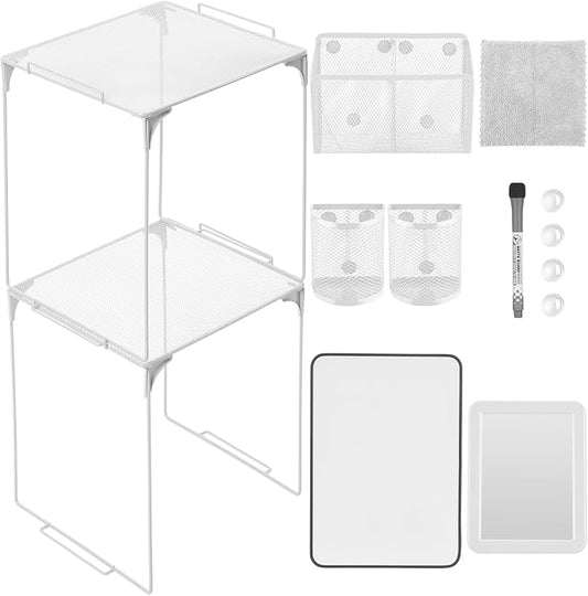 Ctosree 13 Pcs Locker Organizer and Accessories Kit Stackable Mesh Locker Shelf, Pen Holder, Magnetic Mirror, Whiteboard, Cloth, Marker, Magnet for Classroom Back to School Essentials(White)