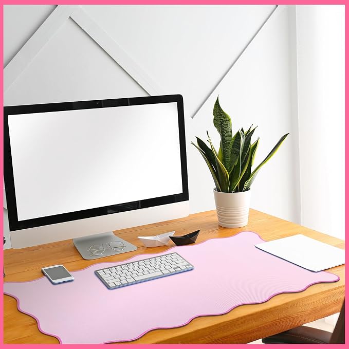 Hahafelt Scalloped Desk Mat Large Desk Pad Cute Coquette Table Mat Back to School Preppy Table Make up Pad Nonslip Graduation Gift with Stitching Waterproof Gaming(Pink,36 x 17 Inches)