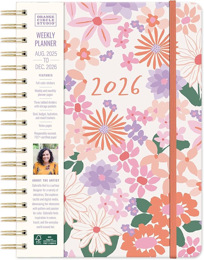 Orange Circle Studio 2026 Planner, Secret Garden, Tri-Tab, Triple-Section, August 2025 to December 2026, 9.76" x 8", Weekly Monthly Calendar, 96 Full Color Stickers & Note Pages
