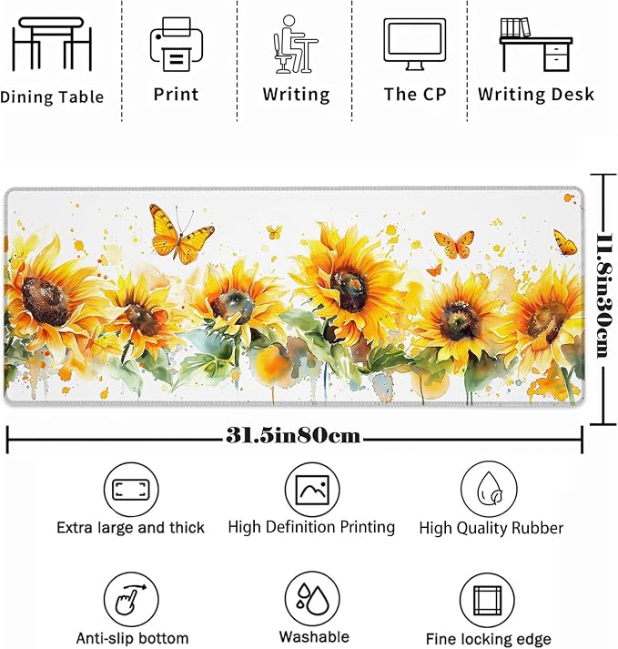 Sunflower Mouse Pad，Yellow Butterfly Gaming Keyboard Mat，Laptop Computer Protector with Non-Slip Rubber Base，Large Extended MousePads Gifts for Desk Office Home，Deskmat Decor 31.5" x 11.8"