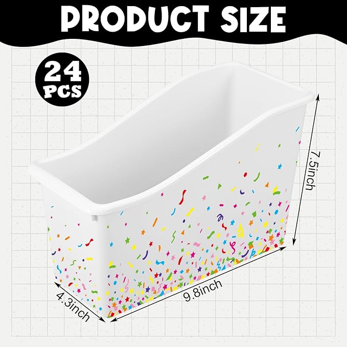 Jinei 24 Pack White Book Bins for Classroom Bulk Confetti Book and Binder Holders with Name Labels Assorted Color Plastic Classroom Organization Basket Box Teacher Storage Bins for Home Office