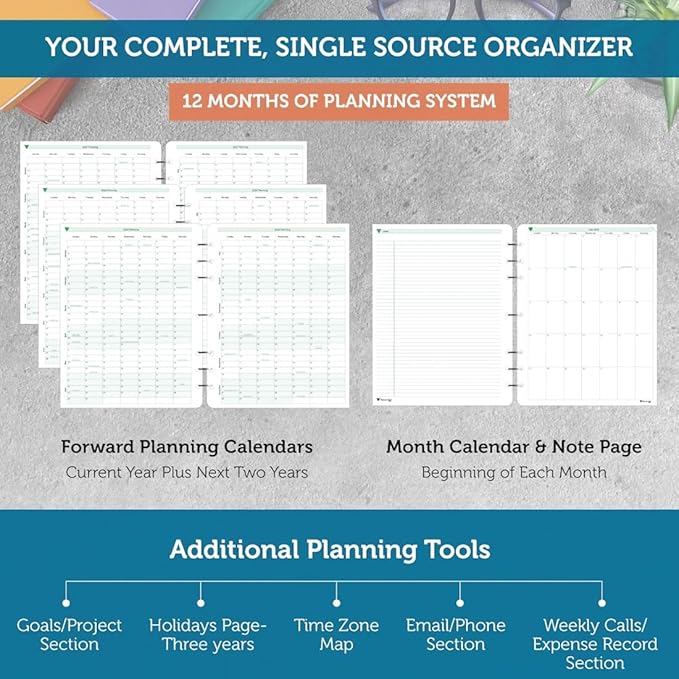 Planner Pad 7 Hole Loose Leaf 3-Tier Funnel Down 12 Month Organizer, October 2025 – September 2026, Soft Green Ink, 8 1/2" x 11”
