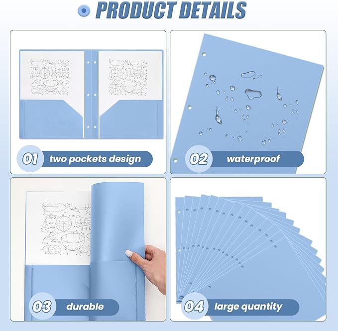 Yeaqee 72 Pcs Plastic Folders with Pockets Bulk 3 Hole Punched 2 Pocket File Folders for 3 Ring Binder Divider Folder for Notebooks, Durable Poly for Office Home (Haze Blue)